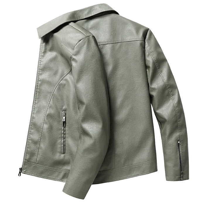 Green faux leather jacket, side view