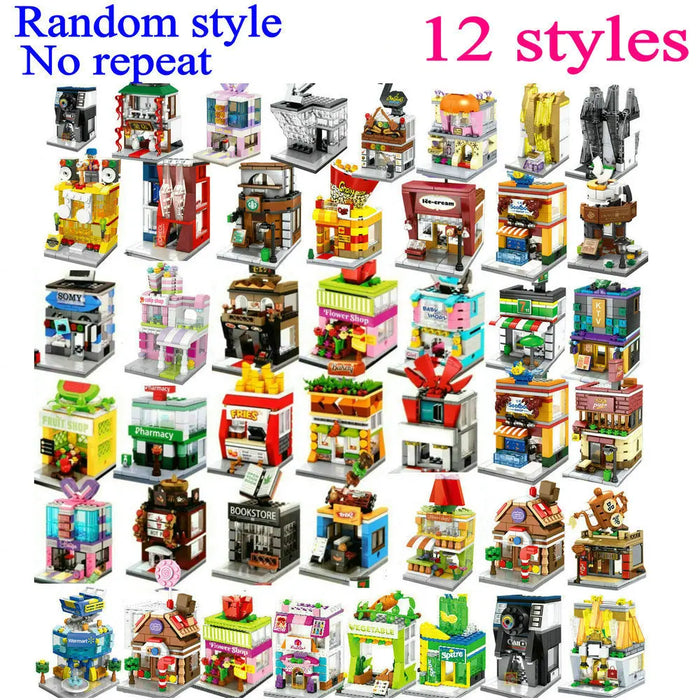 Grid of mini shop building block designs, random style