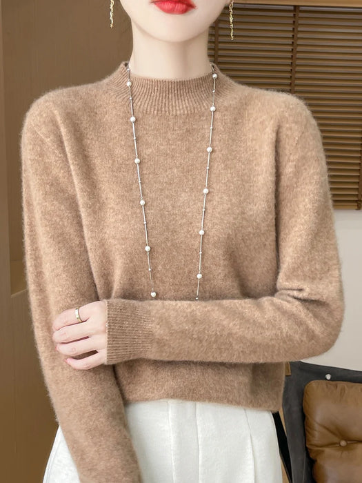 Fashion 100% Wool Sweater Women's Mock-Neck Knitwear Cashmere Pullovers Autumn Winter Long Sleeve Jumpers Clothing Tops