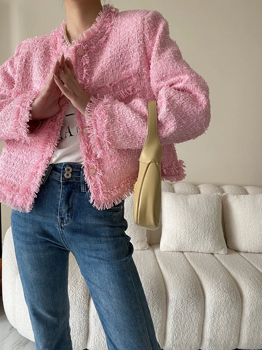 Pink Fringe Fur Shoulder Pad Tweed Jacket Blazer Boucle Crop Coat