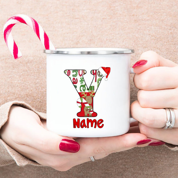 Personlized Reindeer Initial with Name Enamel Cups Christmas Hot Chocolate Mug