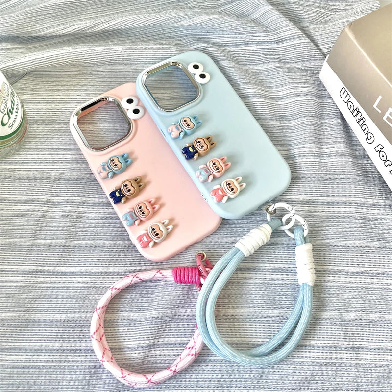 3D labubu Cartoon Phone Case For iPhone 16 15 14 13  Plus Pro Max With Wrist Strap Cute Eyes Soft Cover