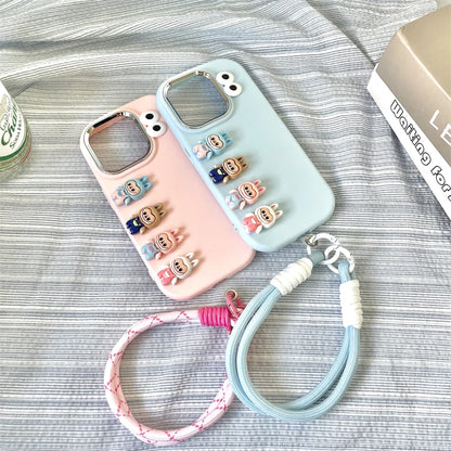 3D labubu Cartoon Phone Case For iPhone 16 15 14 13  Plus Pro Max With Wrist Strap Cute Eyes Soft Cover