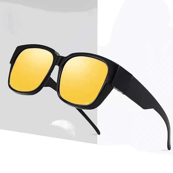 Black fit-over sunglasses with yellow lenses