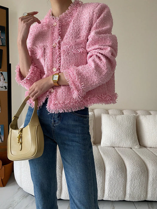Pink Fringe Fur Shoulder Pad Tweed Jacket Blazer Boucle Crop Coat