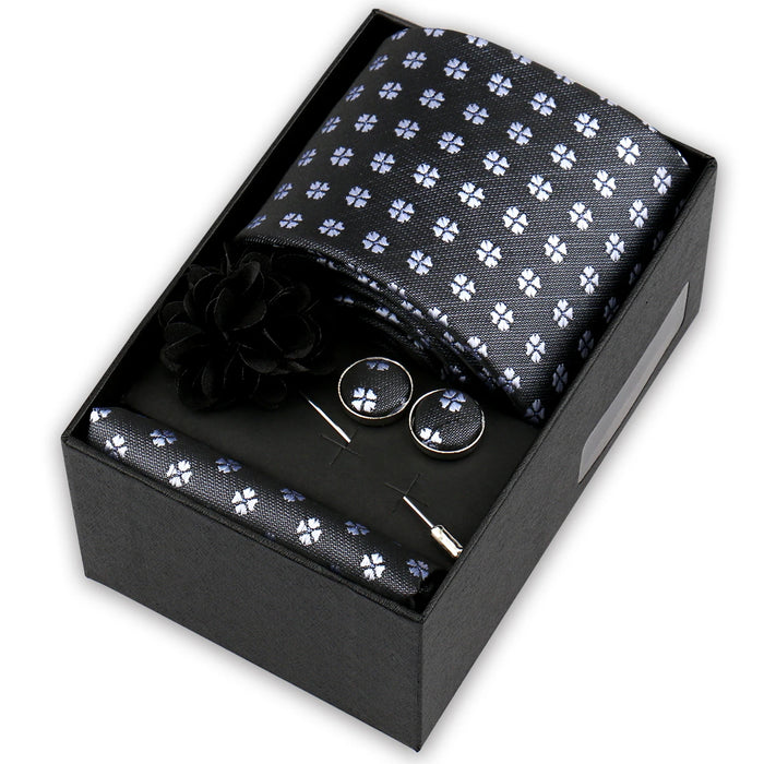 Men's tie gift set, style BBJ-13: tie, pocket square, cufflinks and pins in a gift box