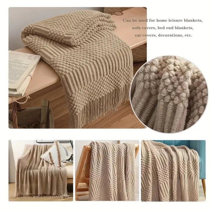 Khaki knitted throw on a bench, with texture close-ups