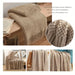 Khaki knitted throw on a bench, with texture close-ups