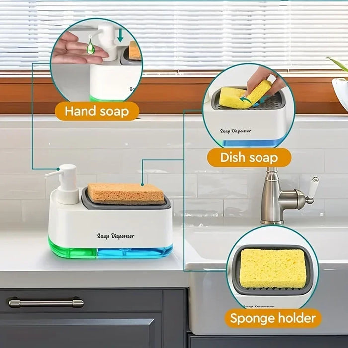 Hand and Dish Soap Dispenser Dual Soap Dispenser with Sponge Holder 3-in-1 Countertop Soap Pump Dispenser for Kitchen Sink