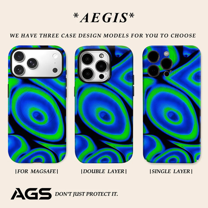 Aegis case Protective Bumper for Magnetic Magsafe for iPhone 17 16 15 14 Plus 13 Pro Max Hard PC  Neon Green and Blue Abstract