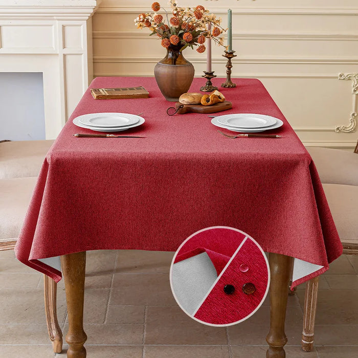 Burgundy linen-look tablecloth on a dining table