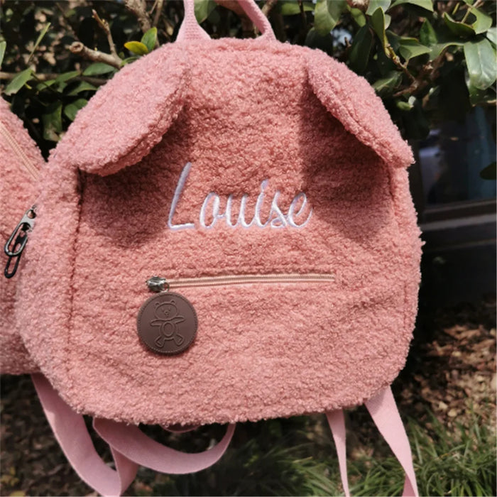 Cute Bear Plush Backpack Embroidered Name Winter Kids