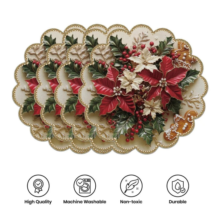 Set of 4 gold-edged poinsettia placemats, Style A
