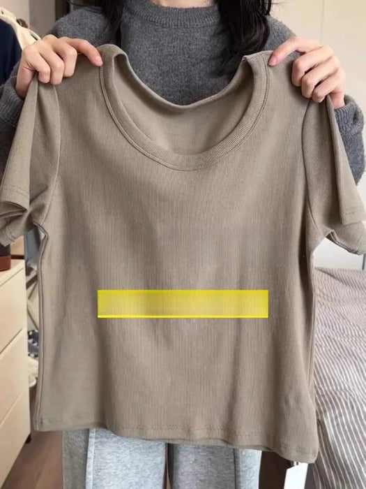 plus Size White Short Sleeve U-Neck T-Shirt Women's Trendy Shoulder Appropriate Summer Slimming Belly Covering Korean Style