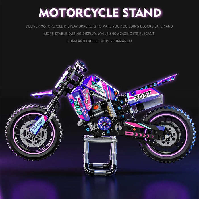 Purple dirt bike building block model on its display stand