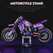 Purple dirt bike building block model on its display stand