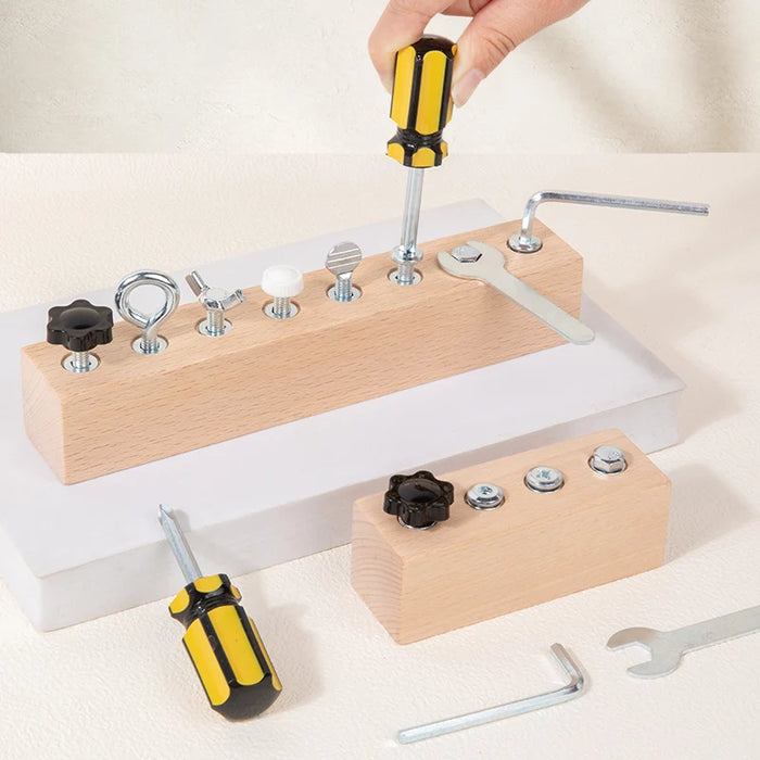 Long and short wooden screw boards with screwdriver, hex key and wrench
