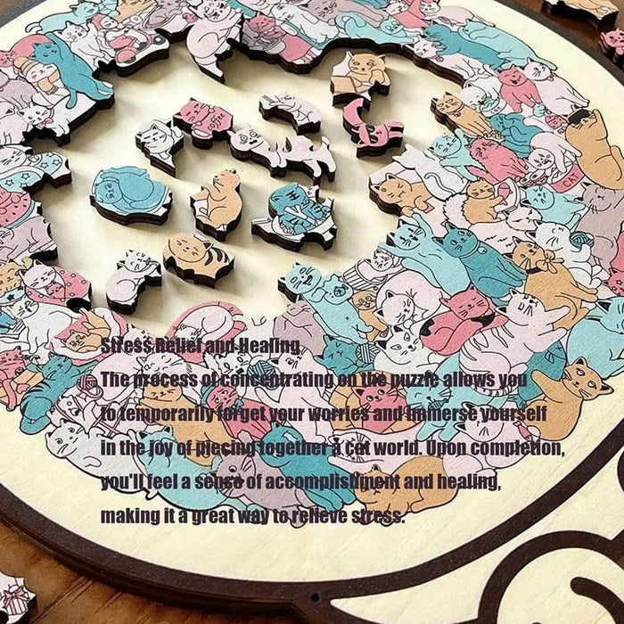Close-up of pastel cat-shaped puzzle pieces with a short text about the puzzle