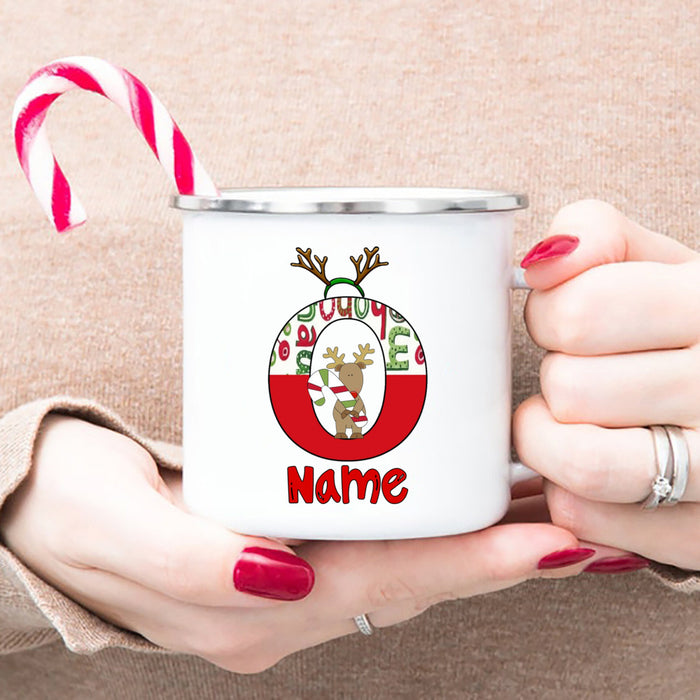 Personlized Reindeer Initial with Name Enamel Cups Christmas Hot Chocolate Mug