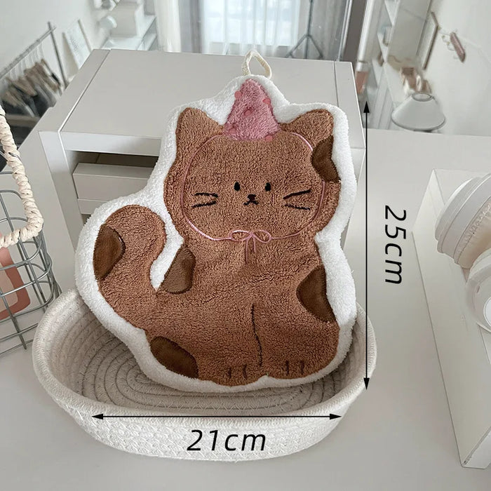 Pink-brown cat hand towel with a party hat, 21 x 25 cm