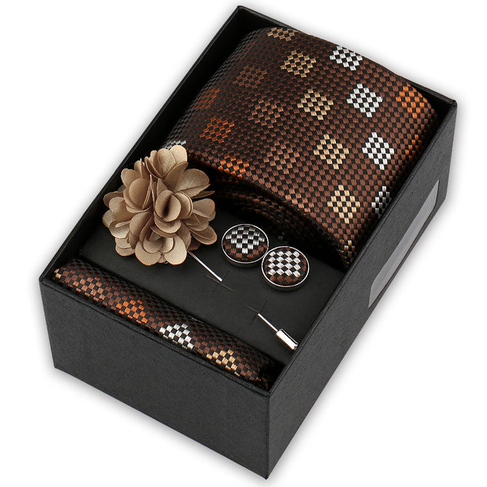 Men's tie gift set, style BBJ-28: tie, pocket square, cufflinks and pins in a gift box