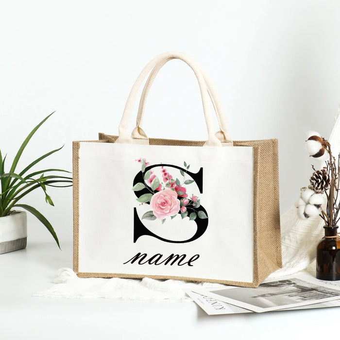 Personalized Name Burlap Tote Shopper Bridesmaid Large Jute Gift Bag Linen