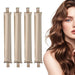Four champagne satin curling rods beside a woman with wavy hair