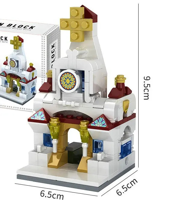 White chapel building block model with clock, 9.5 cm tall