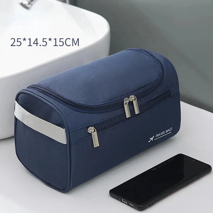 Navy canvas toiletry bag, about 25 x 14.5 x 15 cm