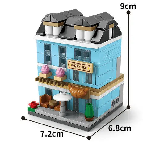 Blue bakery shop building block model, 9 cm tall
