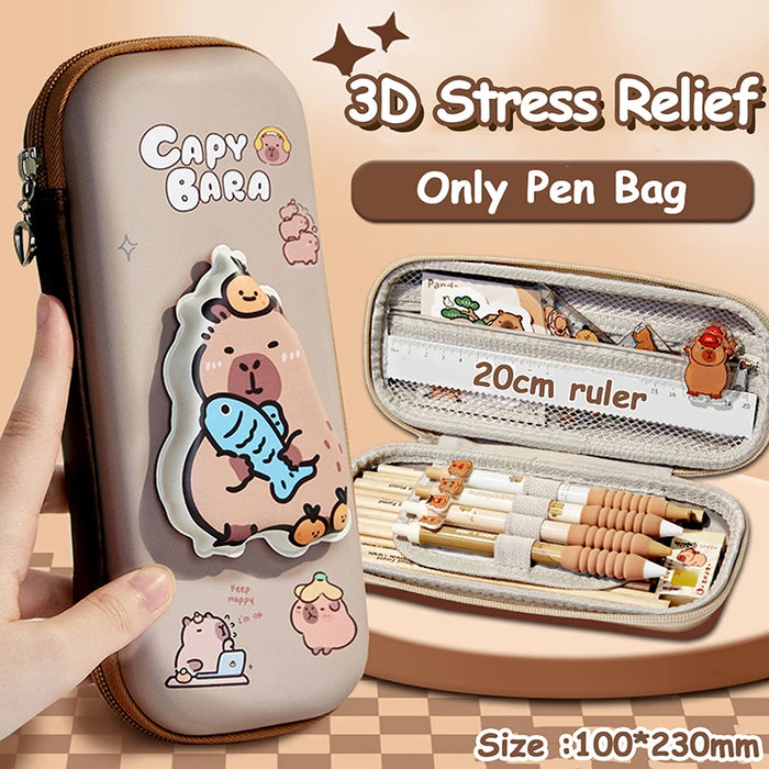 3D Cute Capybara Pencil Case Drop Resistant Waterproof Storage Box Hard Shell Decompression Pen Bag Student School Supplies