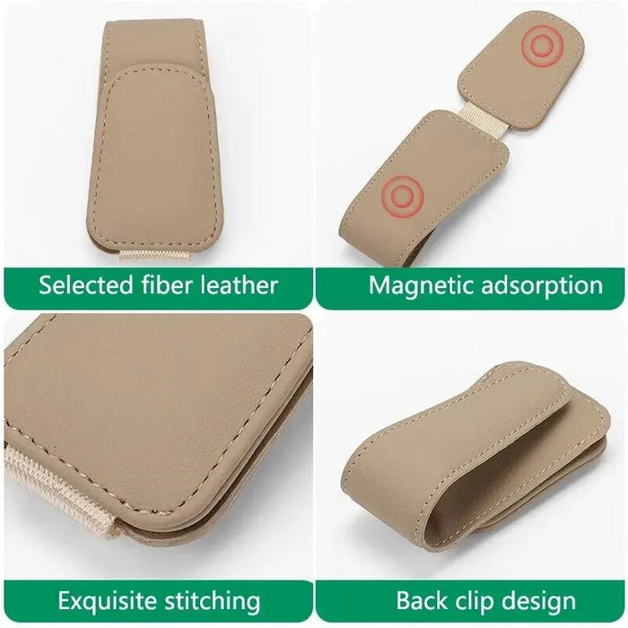 Close-ups of a beige holder: leather, magnet, stitching and back clip