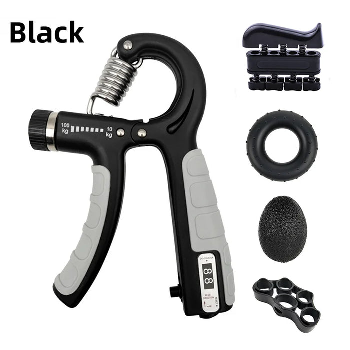 Black 5-piece grip set: gripper, finger trainer, grip ring, grip ball and finger stretcher