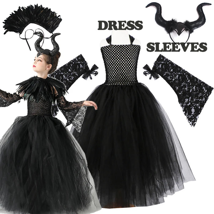 2026 New Halloween Costume Tulle Dress for Girls Cosplay Evil Queen Black Mesh Princess Dress Kids Clothes