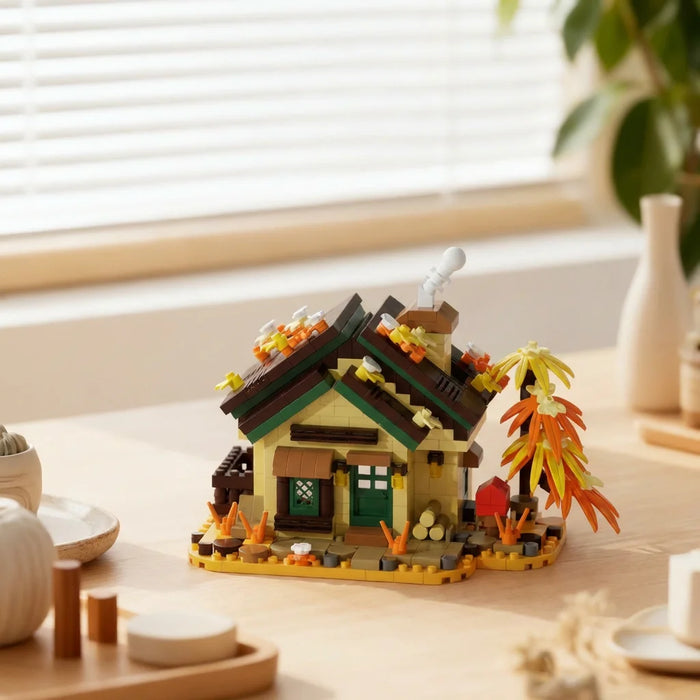 Autumn cabin building block set with orange trees