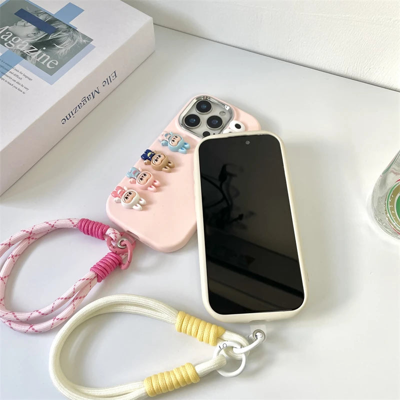 3D labubu Cartoon Phone Case For iPhone 16 15 14 13  Plus Pro Max With Wrist Strap Cute Eyes Soft Cover