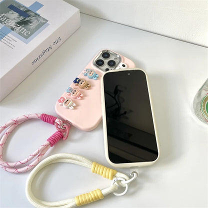 3D labubu Cartoon Phone Case For iPhone 16 15 14 13  Plus Pro Max With Wrist Strap Cute Eyes Soft Cover