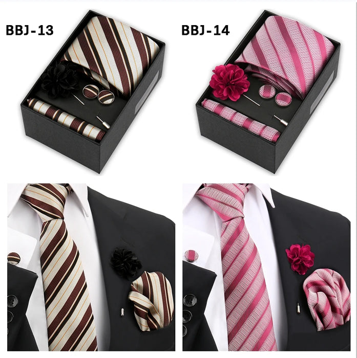 Four men's tie gift sets in assorted patterns with style codes