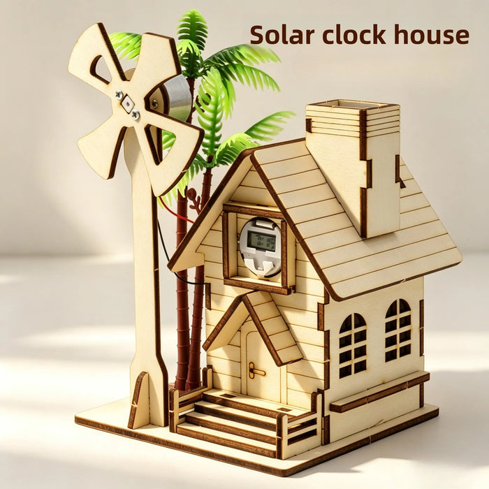 Solar clock house wooden model with a windmill