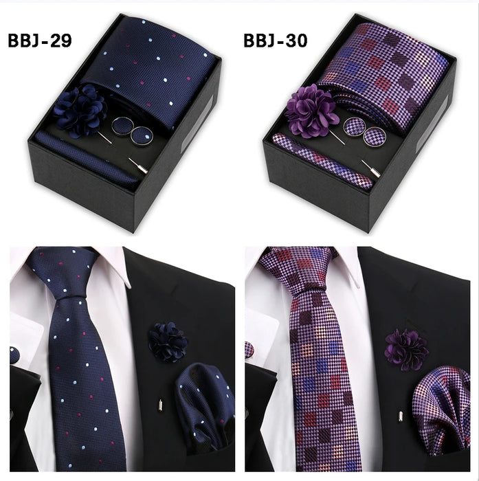Four men's tie gift sets in assorted patterns with style codes