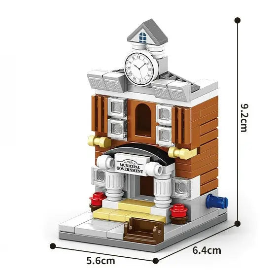 Town hall building block model with clock tower, 9.2 cm tall