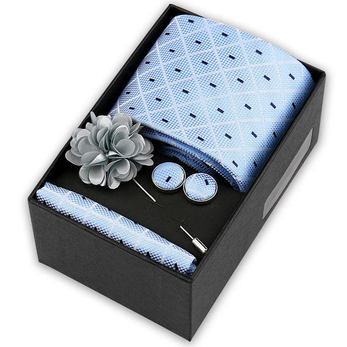 Men's tie gift set, style BBJ-09: tie, pocket square, cufflinks and pins in a gift box