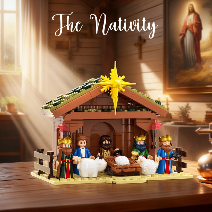 Nativity scene building block model on a wooden table