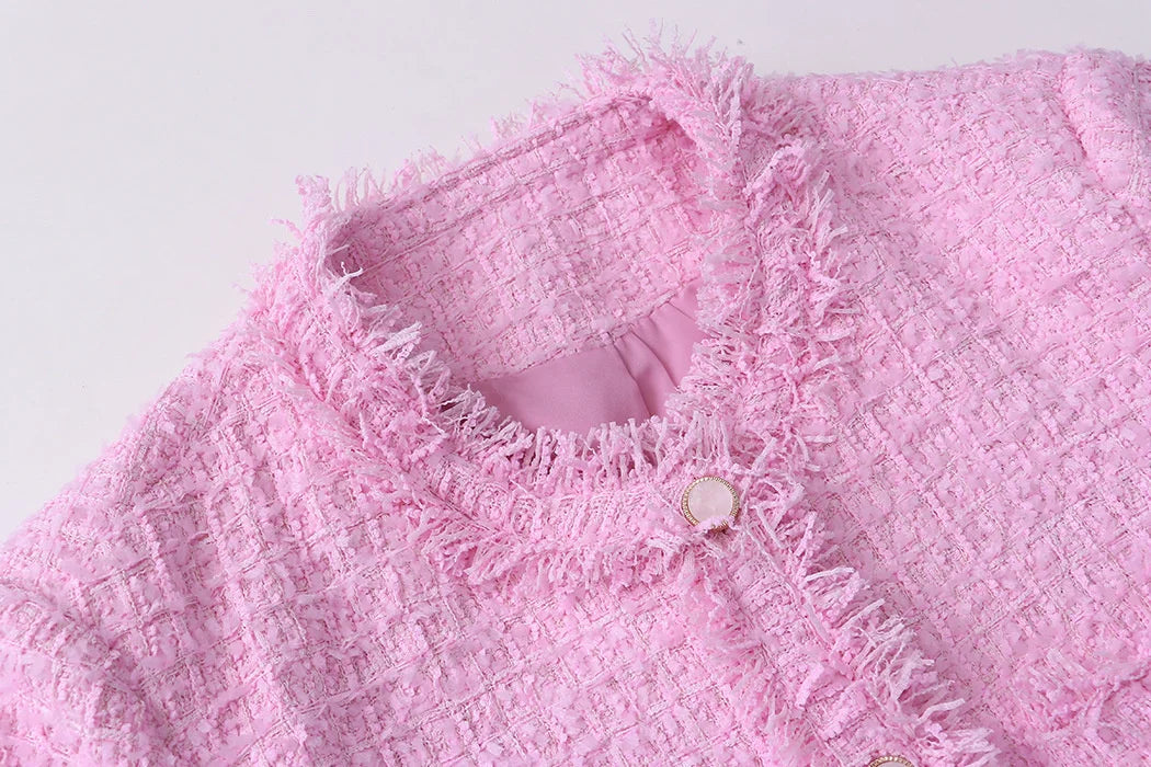 Pink Fringe Fur Shoulder Pad Tweed Jacket Blazer Boucle Crop Coat