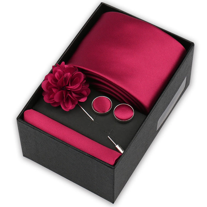 Men's tie gift set, style BBJ-14: tie, pocket square, cufflinks and pins in a gift box