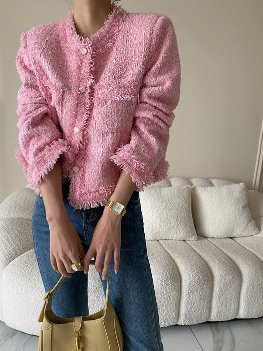 Pink Fringe Fur Shoulder Pad Tweed Jacket Blazer Boucle Crop Coat