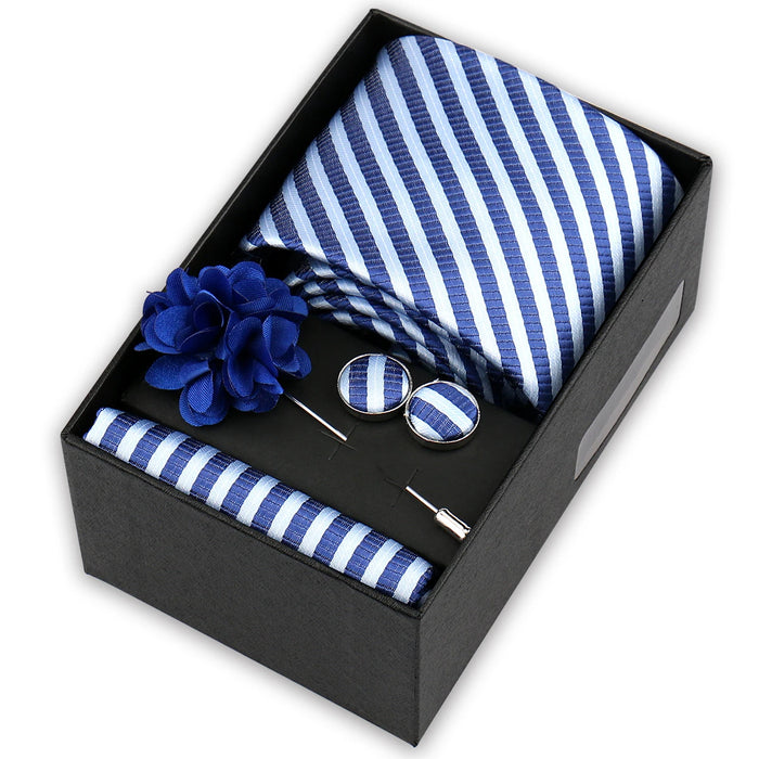 Men's tie gift set, style BBJ-60: tie, pocket square, cufflinks and pins in a gift box