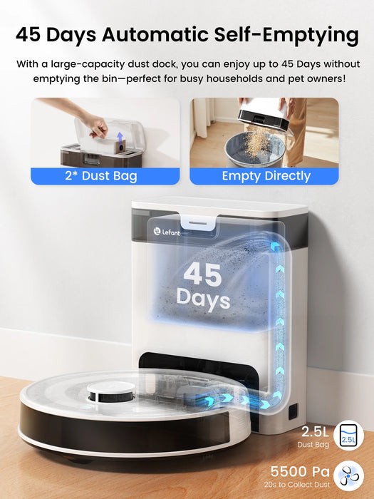 Lefant M2Pro Robot Vacuum with Mop,Self-Emptying, 5500Pa , DTOF Laser Navigation, PSD Obstacle Avoidance, Wi-fi/Alexa Control
