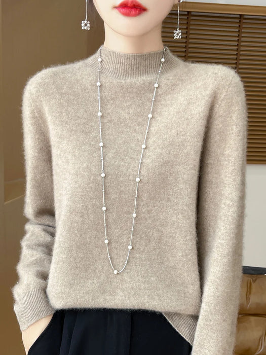 Fashion 100% Wool Sweater Women's Mock-Neck Knitwear Cashmere Pullovers Autumn Winter Long Sleeve Jumpers Clothing Tops