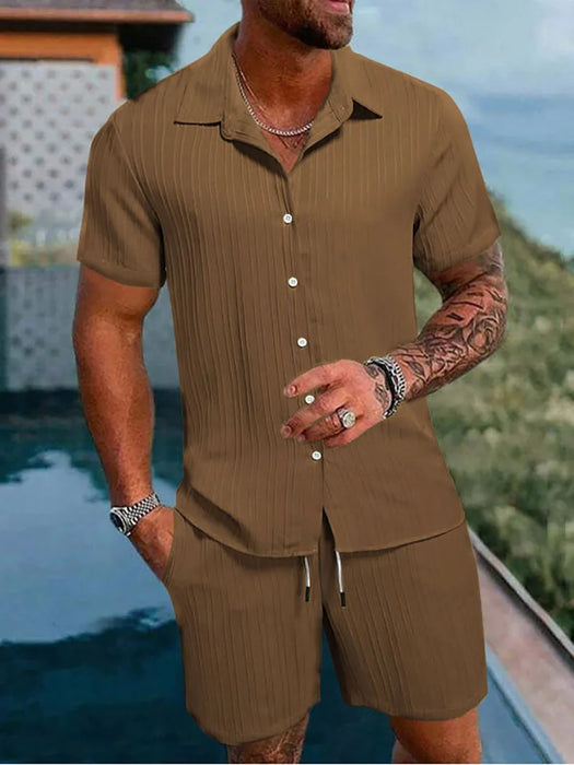 Man in a coffee brown textured shirt and shorts set